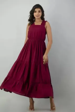 Maroon Solid Square Neck Maxi Dress