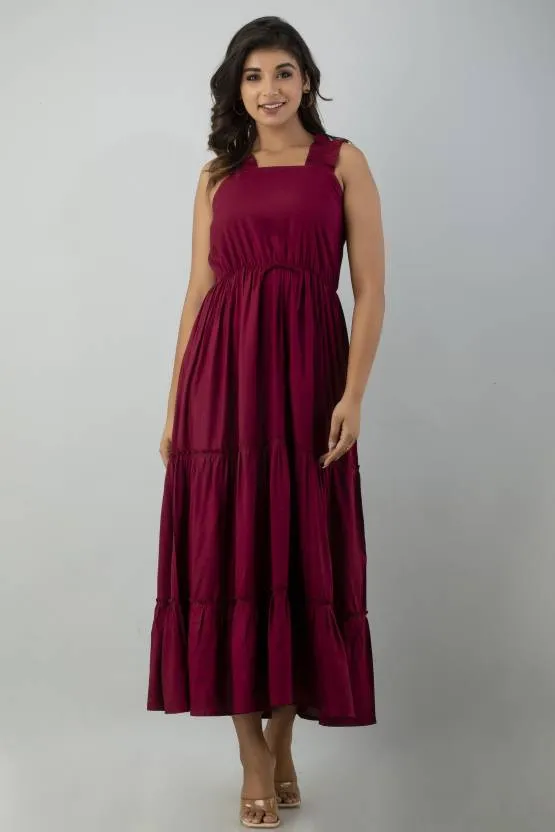 Maroon Solid Square Neck Maxi Dress
