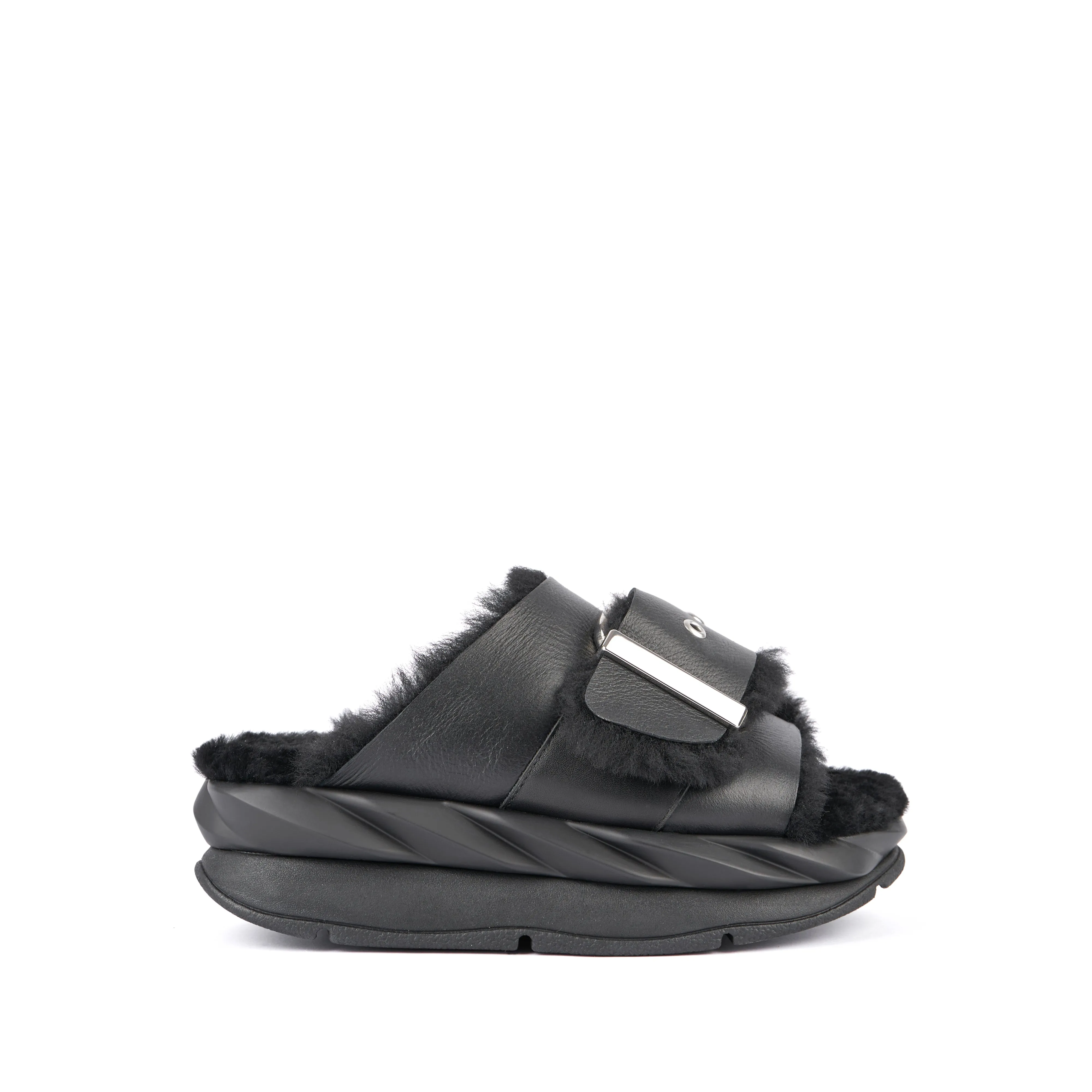Mellow Shearling Laze Slide | Black Nappa
