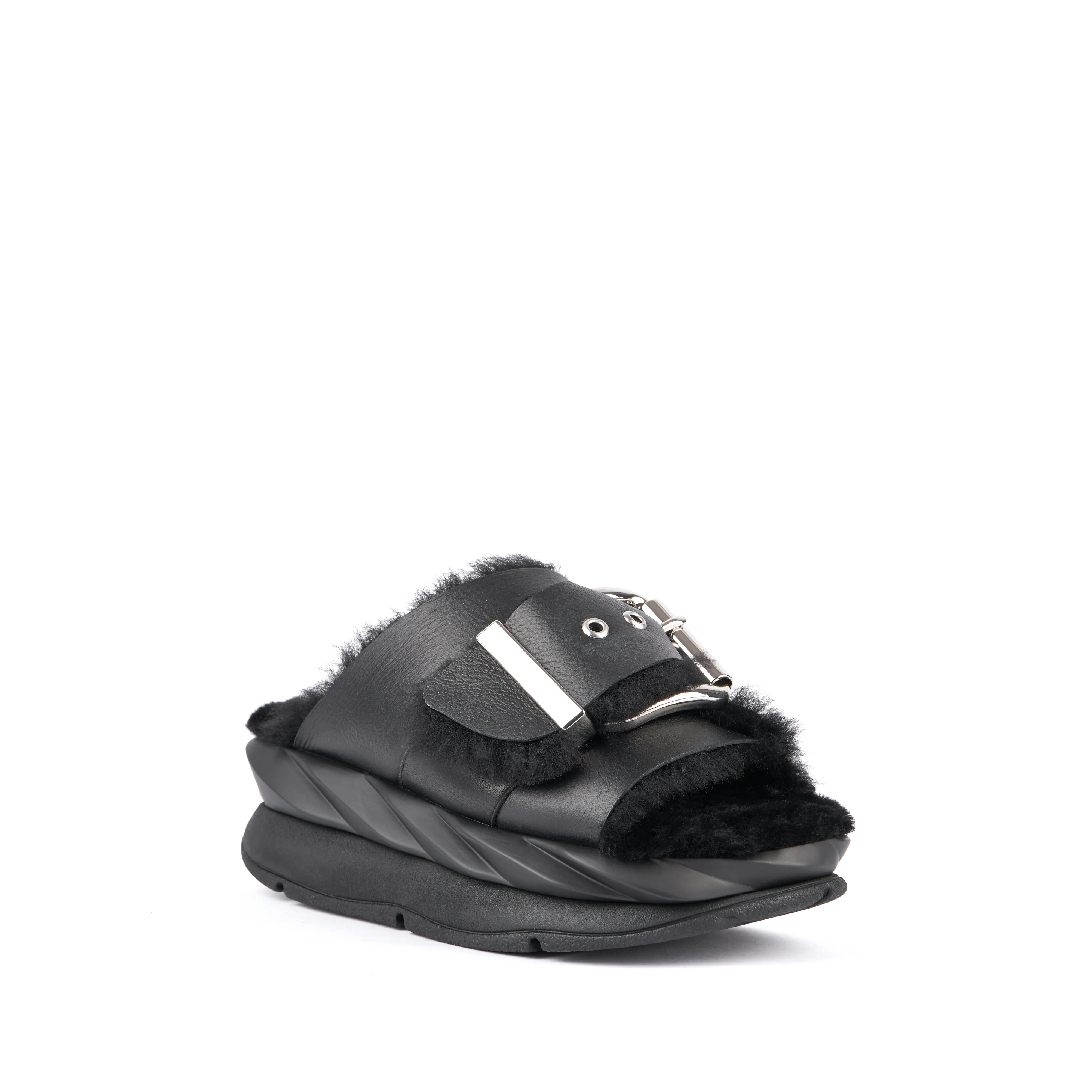 Mellow Shearling Laze Slide | Black Nappa