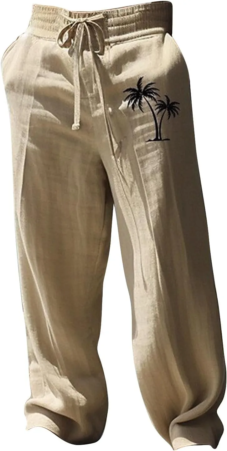 Mens Pants Casual Relaxed Fit Elastic Waist Big and Tall Yoga Pants with Pockets Summer Wide Leg Beach Trousers