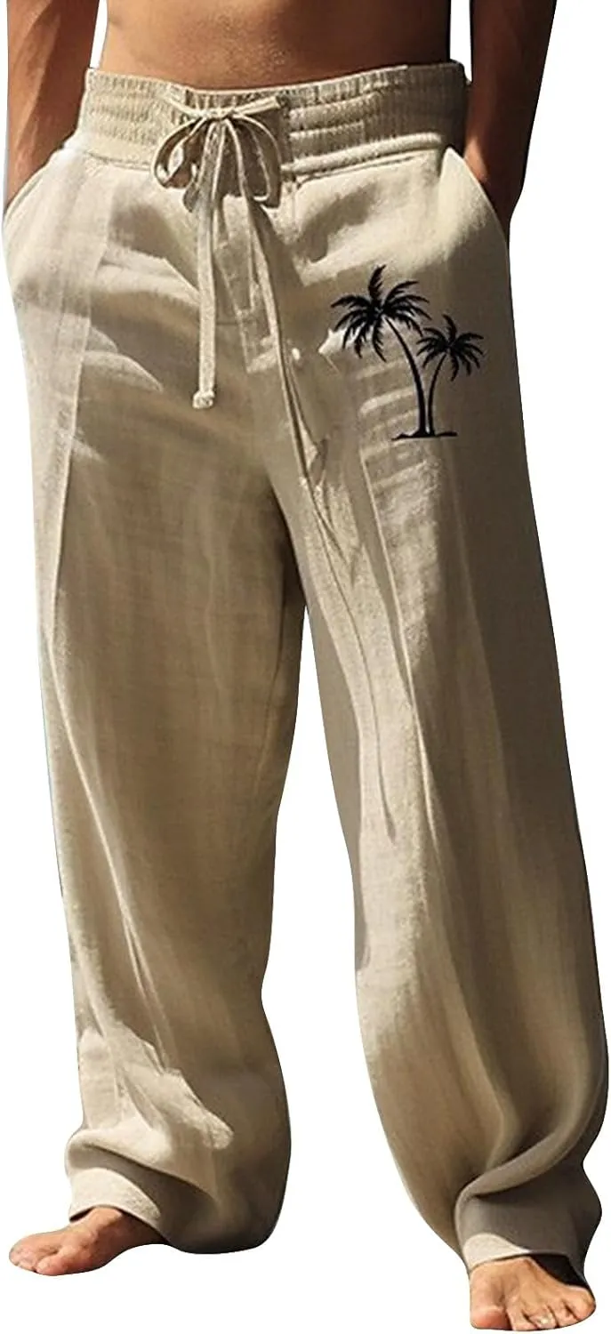 Mens Pants Casual Relaxed Fit Elastic Waist Big and Tall Yoga Pants with Pockets Summer Wide Leg Beach Trousers