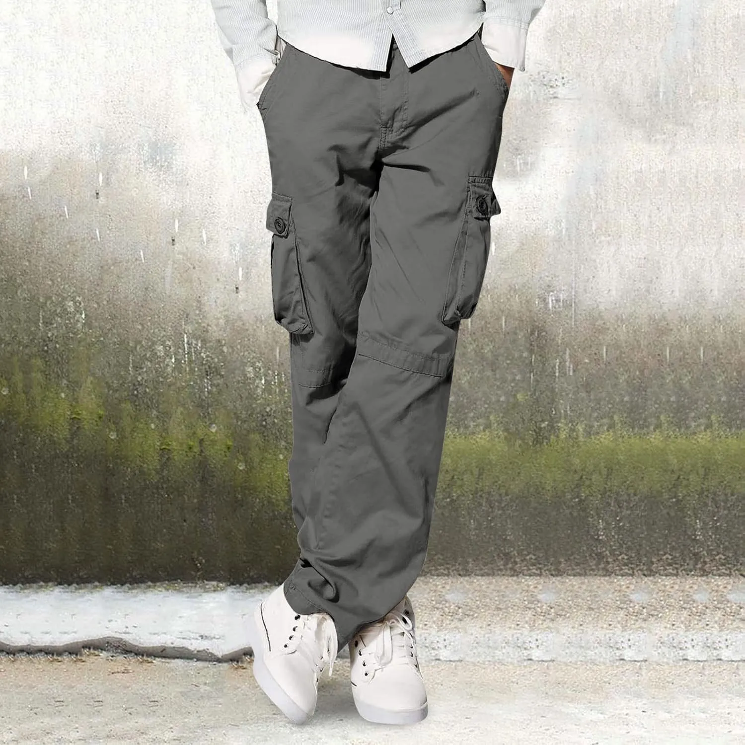 Mens Straight Cargo Pant with Multi-Pocket Outdoor Camping Hiking Pants Plus Size Casual Loose Trousers