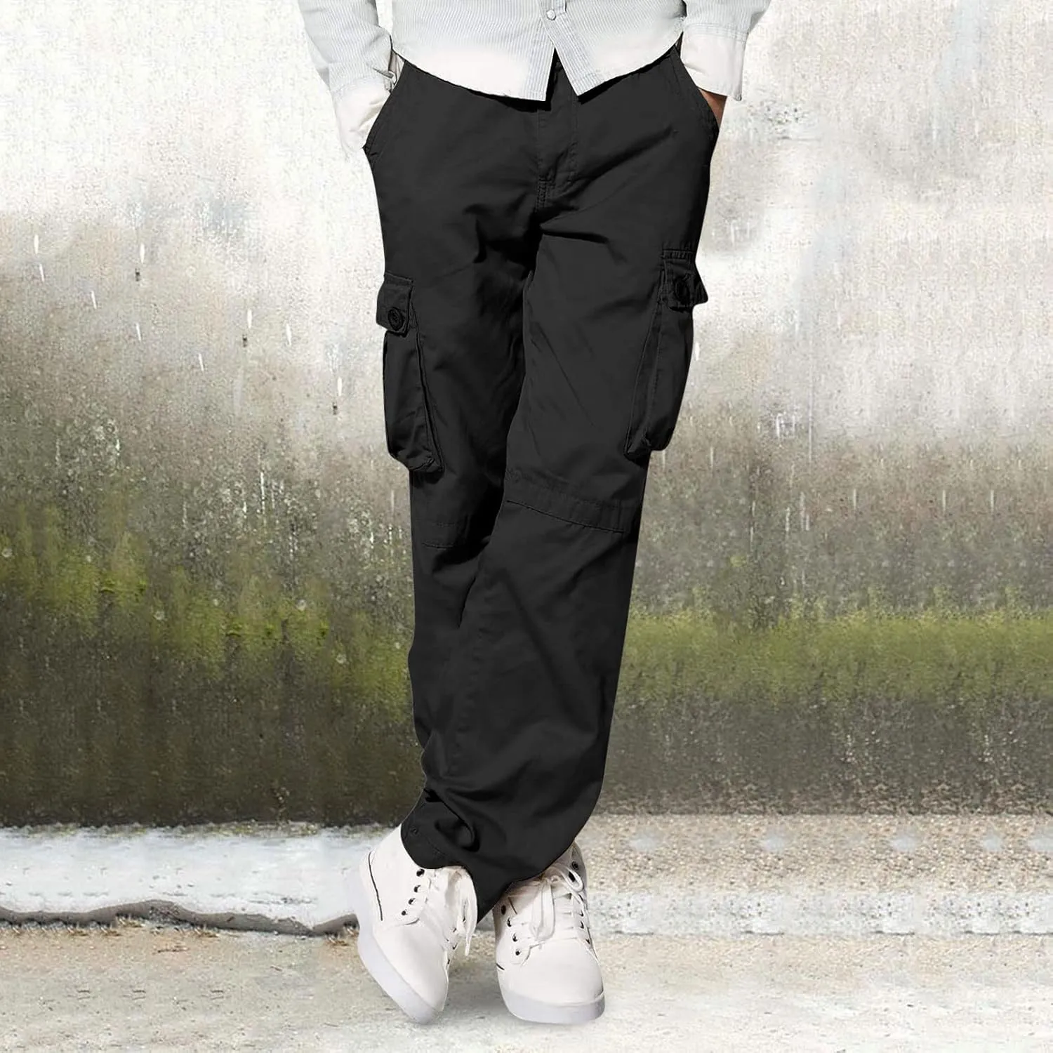 Mens Straight Cargo Pant with Multi-Pocket Outdoor Camping Hiking Pants Plus Size Casual Loose Trousers