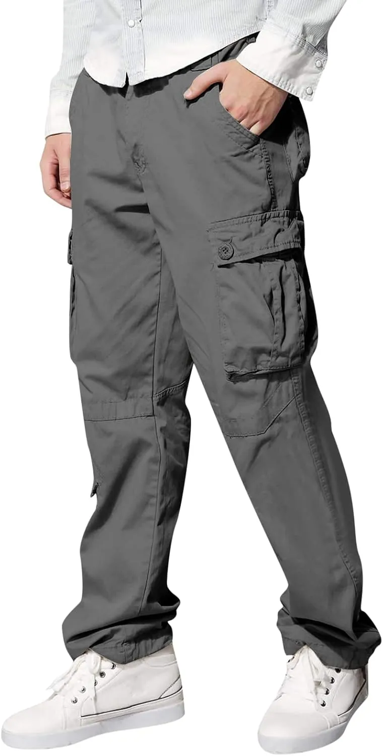 Mens Straight Cargo Pant with Multi-Pocket Outdoor Camping Hiking Pants Plus Size Casual Loose Trousers