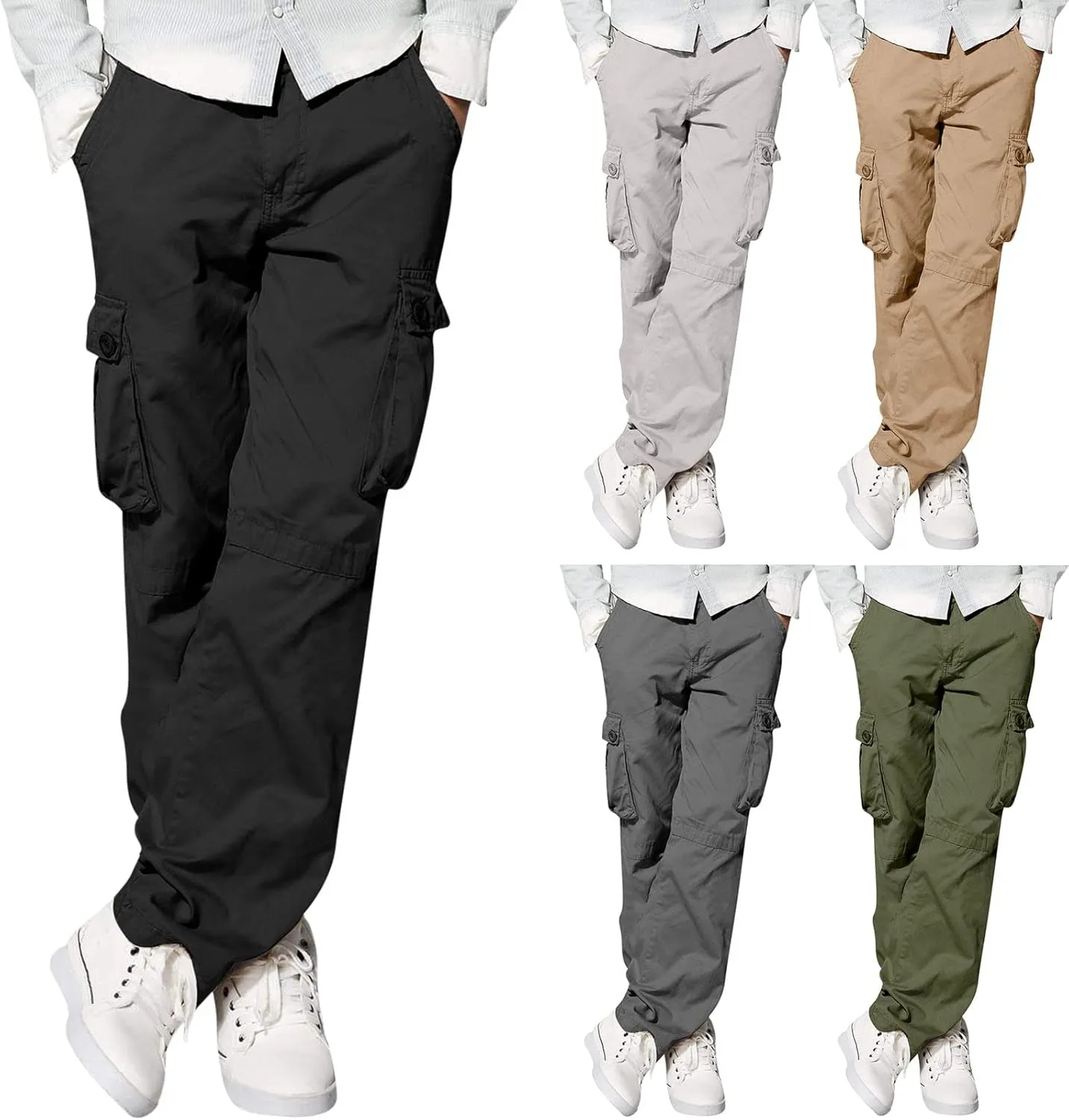 Mens Straight Cargo Pant with Multi-Pocket Outdoor Camping Hiking Pants Plus Size Casual Loose Trousers