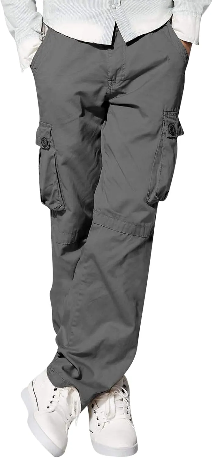 Mens Straight Cargo Pant with Multi-Pocket Outdoor Camping Hiking Pants Plus Size Casual Loose Trousers