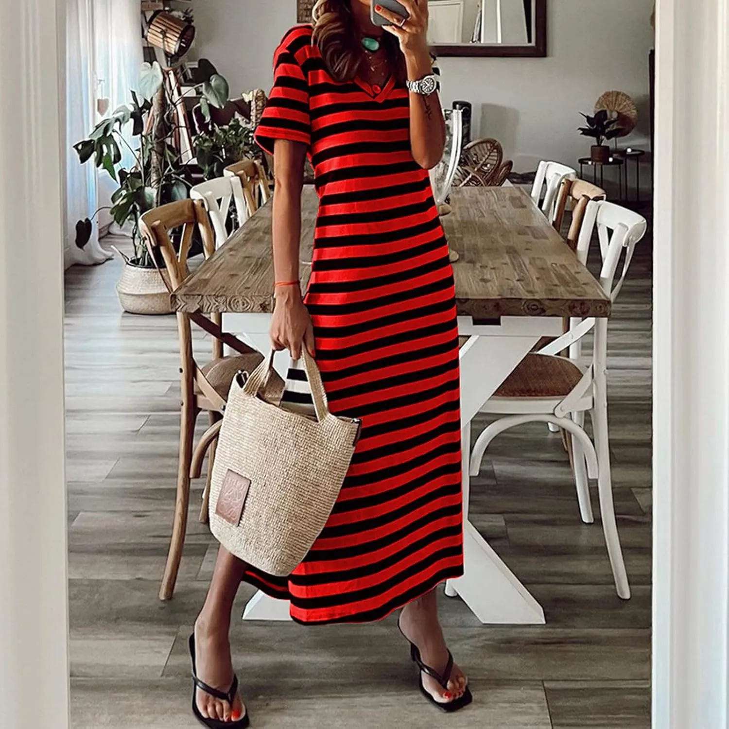 Midi Dresses for Women Casual Striped Color Block T Shirt Dress V Neck Short Sleeve Split Long Dress Summer Dress