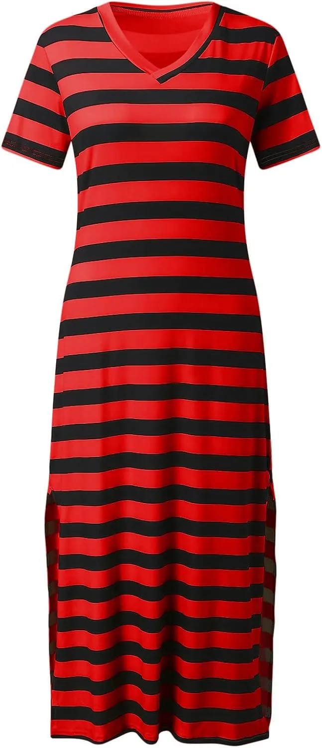 Midi Dresses for Women Casual Striped Color Block T Shirt Dress V Neck Short Sleeve Split Long Dress Summer Dress