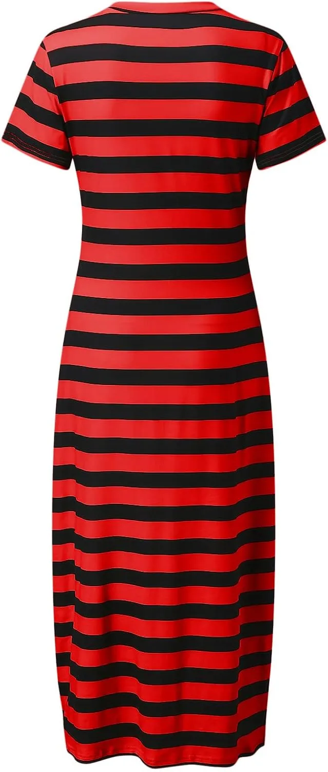 Midi Dresses for Women Casual Striped Color Block T Shirt Dress V Neck Short Sleeve Split Long Dress Summer Dress