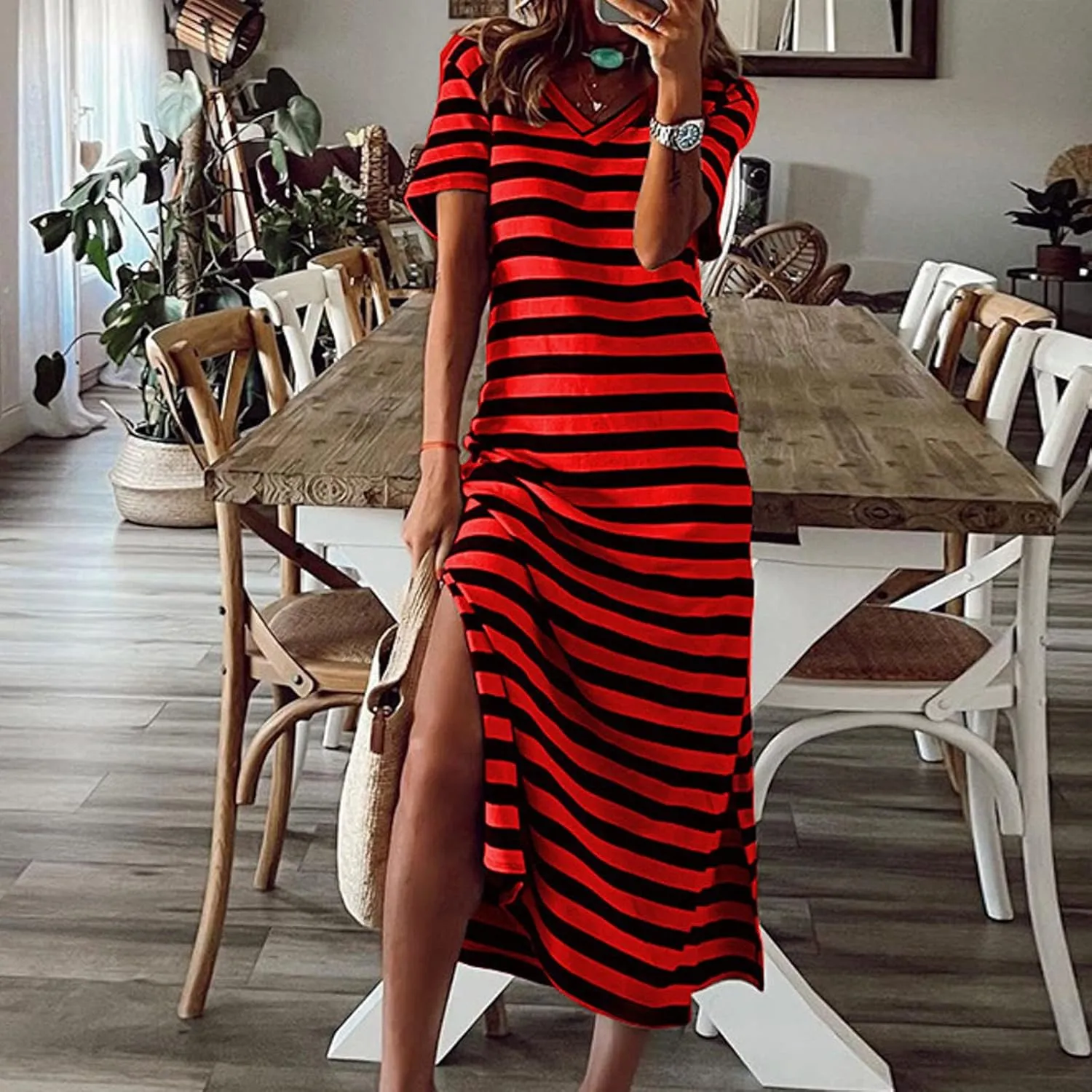 Midi Dresses for Women Casual Striped Color Block T Shirt Dress V Neck Short Sleeve Split Long Dress Summer Dress