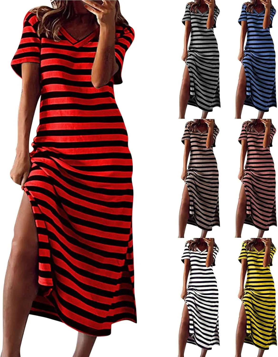 Midi Dresses for Women Casual Striped Color Block T Shirt Dress V Neck Short Sleeve Split Long Dress Summer Dress