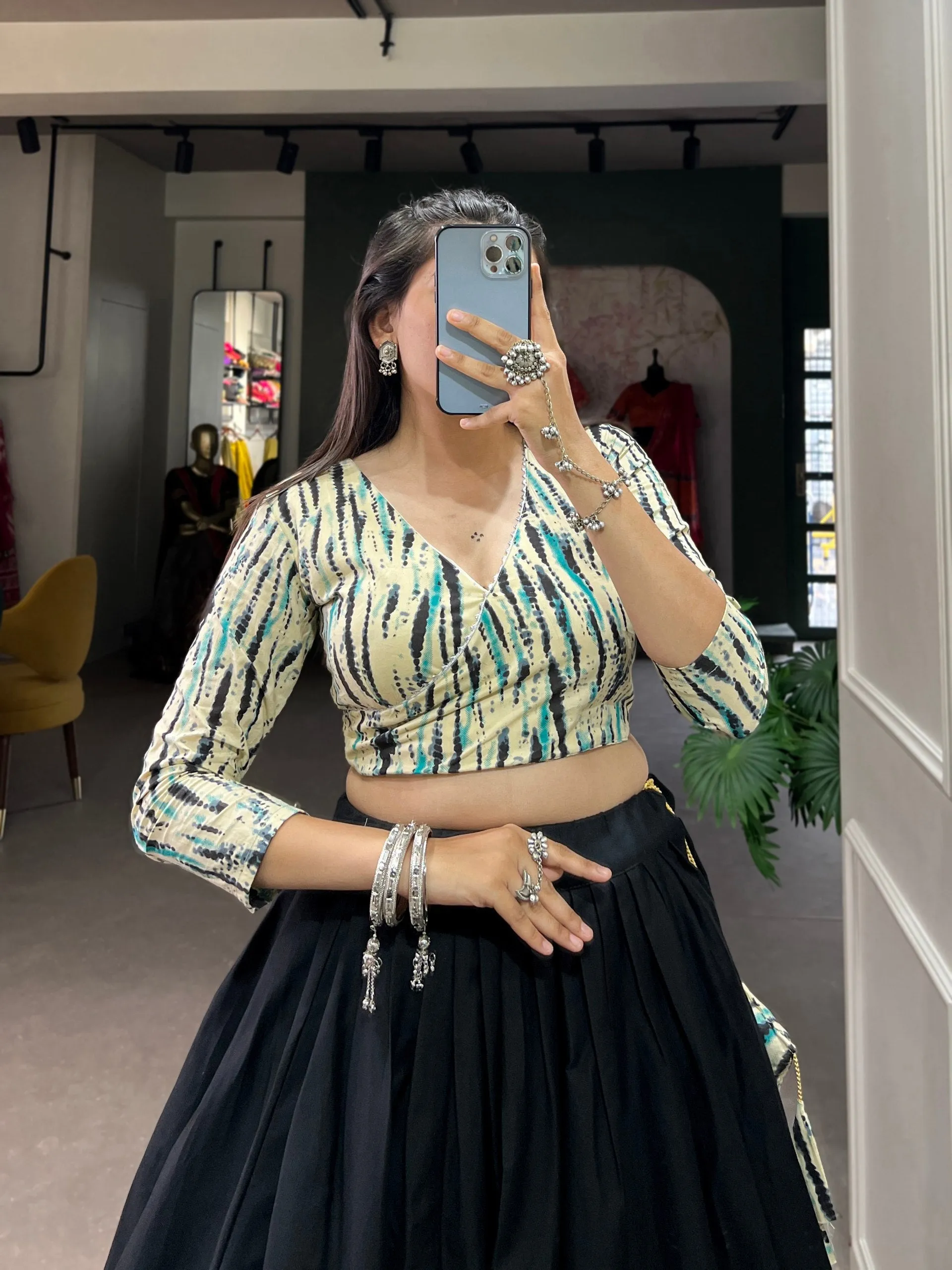 Navy Blue Cotton Lehenga Co-Ord Set with Shibori Print Blouse