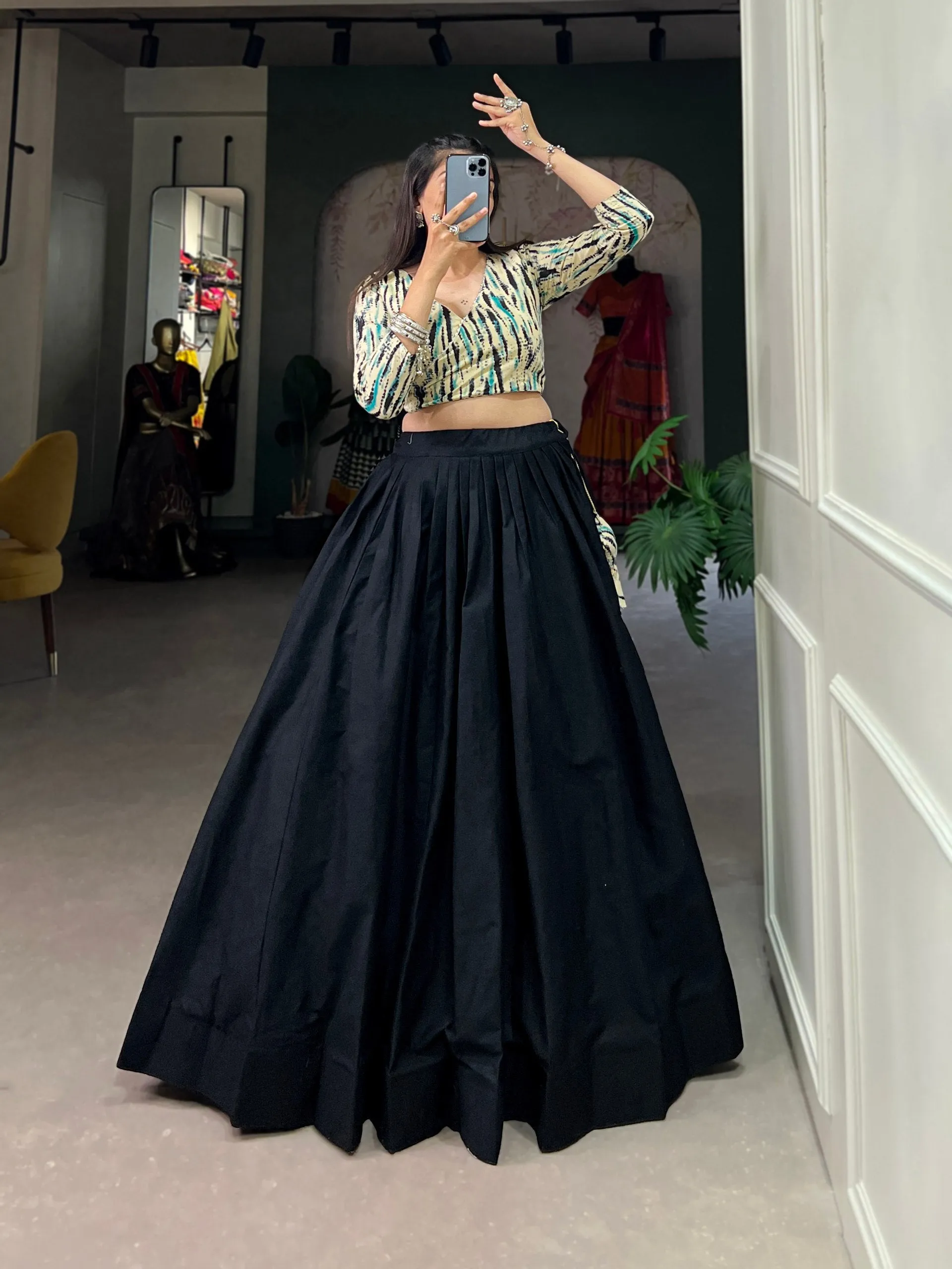 Navy Blue Cotton Lehenga Co-Ord Set with Shibori Print Blouse