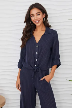 Navy Pinstripe Linen Top and Short Set