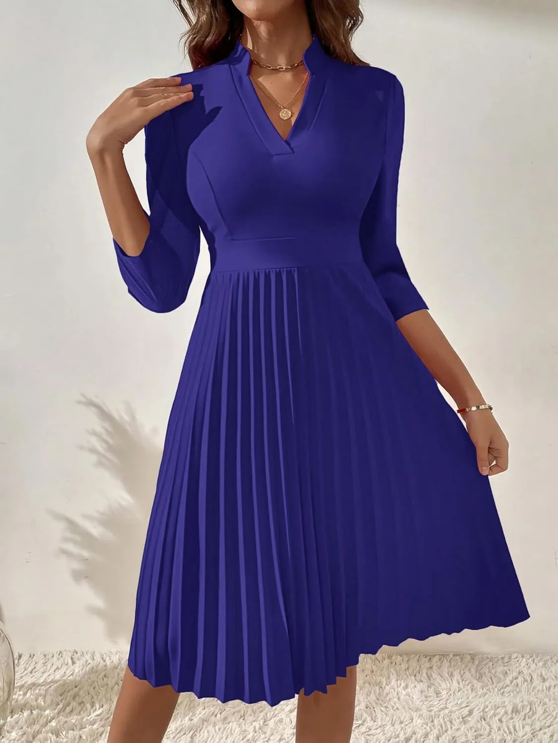 Nmoder Midi Dresses for Women Semi Formal Cocktail Pleated A-Line Casual V Neck 3/4 Sleeve Church Elegant Dress