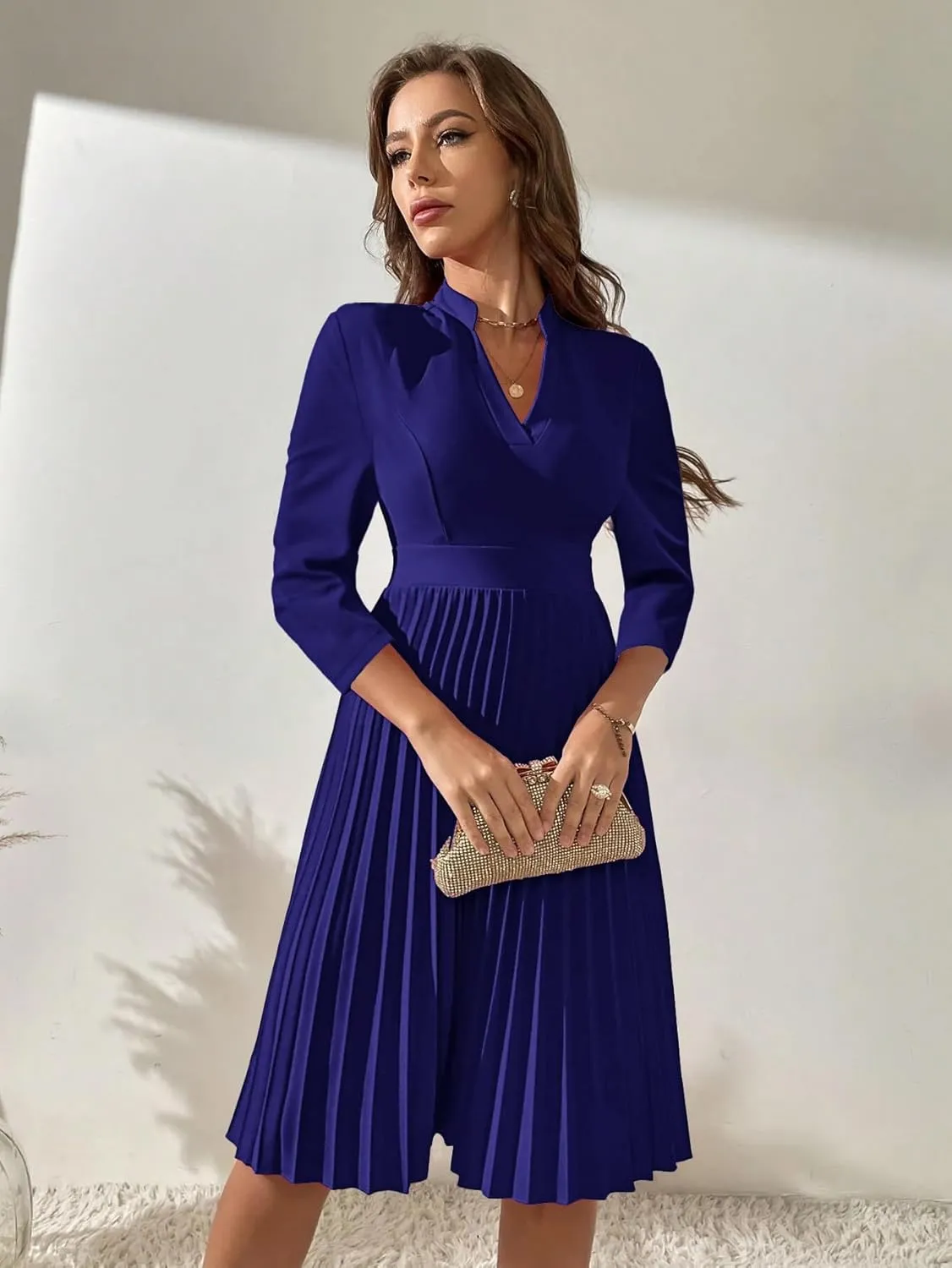 Nmoder Midi Dresses for Women Semi Formal Cocktail Pleated A-Line Casual V Neck 3/4 Sleeve Church Elegant Dress