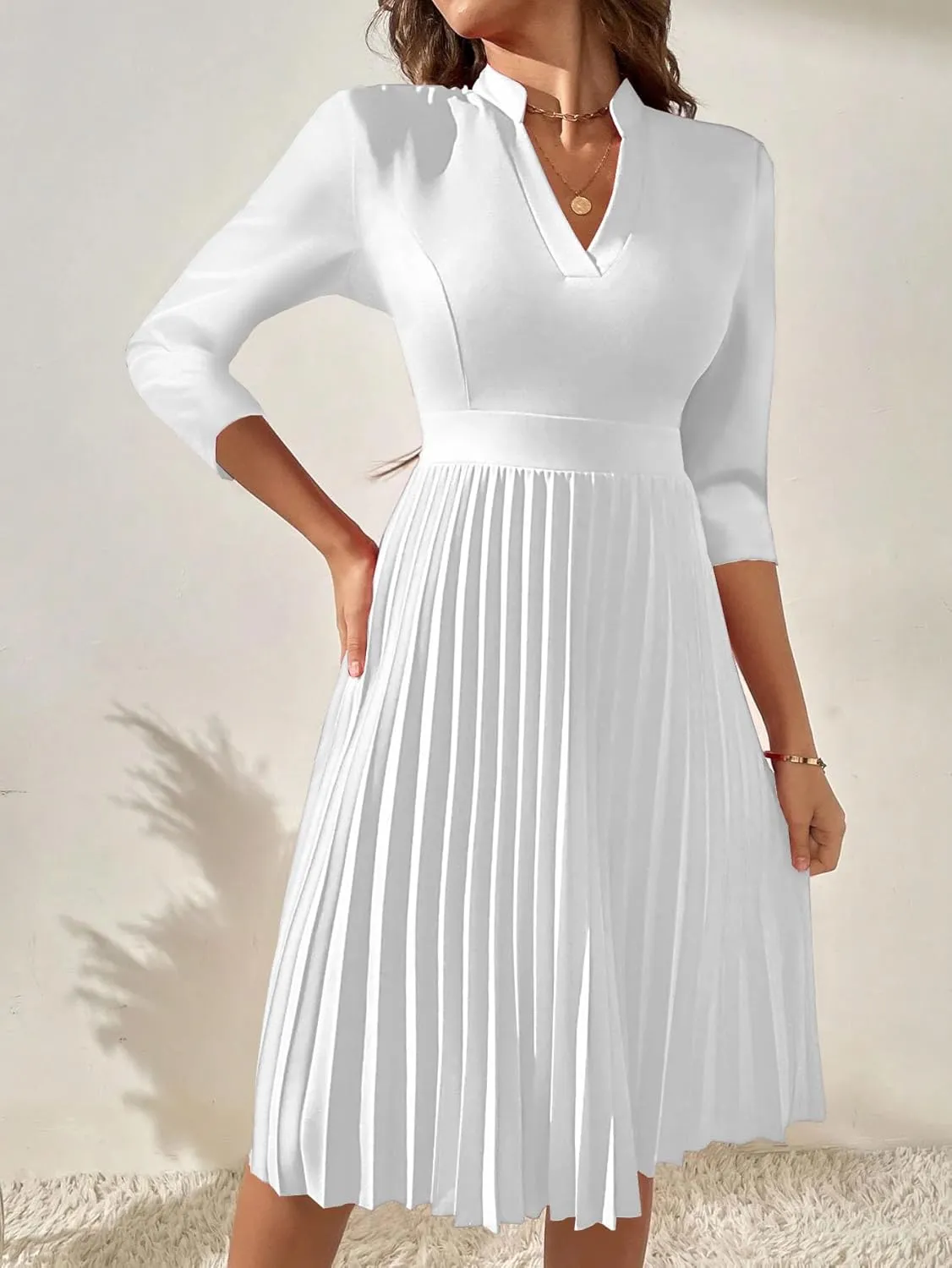 Nmoder Midi Dresses for Women Semi Formal Cocktail Pleated A-Line Casual V Neck 3/4 Sleeve Church Elegant Dress