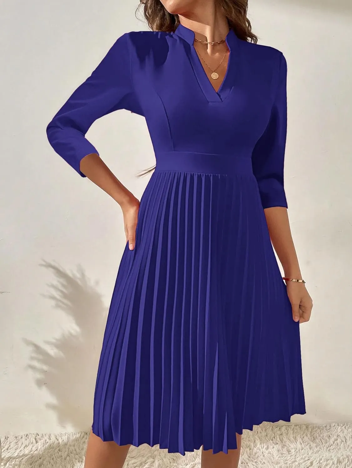 Nmoder Midi Dresses for Women Semi Formal Cocktail Pleated A-Line Casual V Neck 3/4 Sleeve Church Elegant Dress