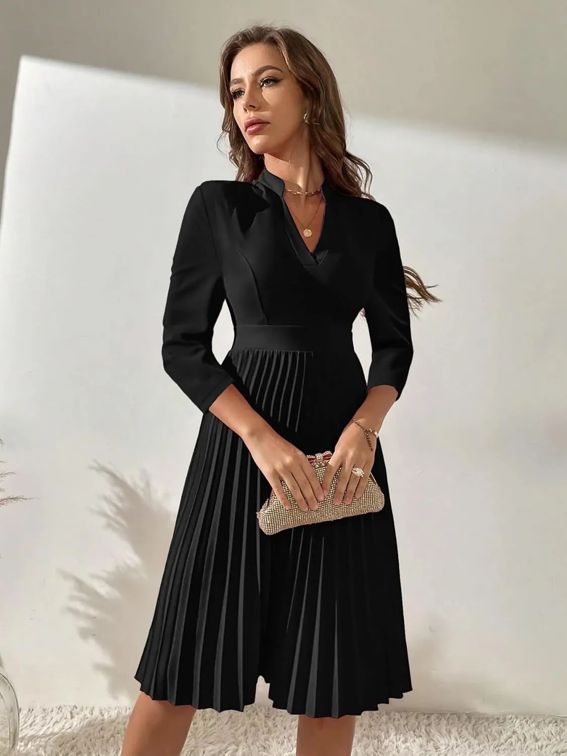 Nmoder Midi Dresses for Women Semi Formal Cocktail Pleated A-Line Casual V Neck 3/4 Sleeve Church Elegant Dress