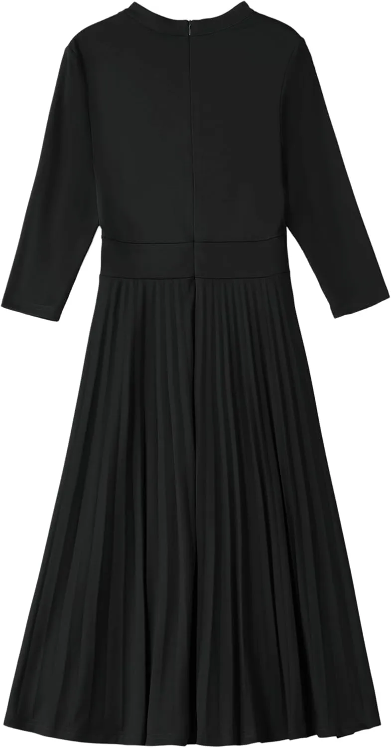 Nmoder Midi Dresses for Women Semi Formal Cocktail Pleated A-Line Casual V Neck 3/4 Sleeve Church Elegant Dress