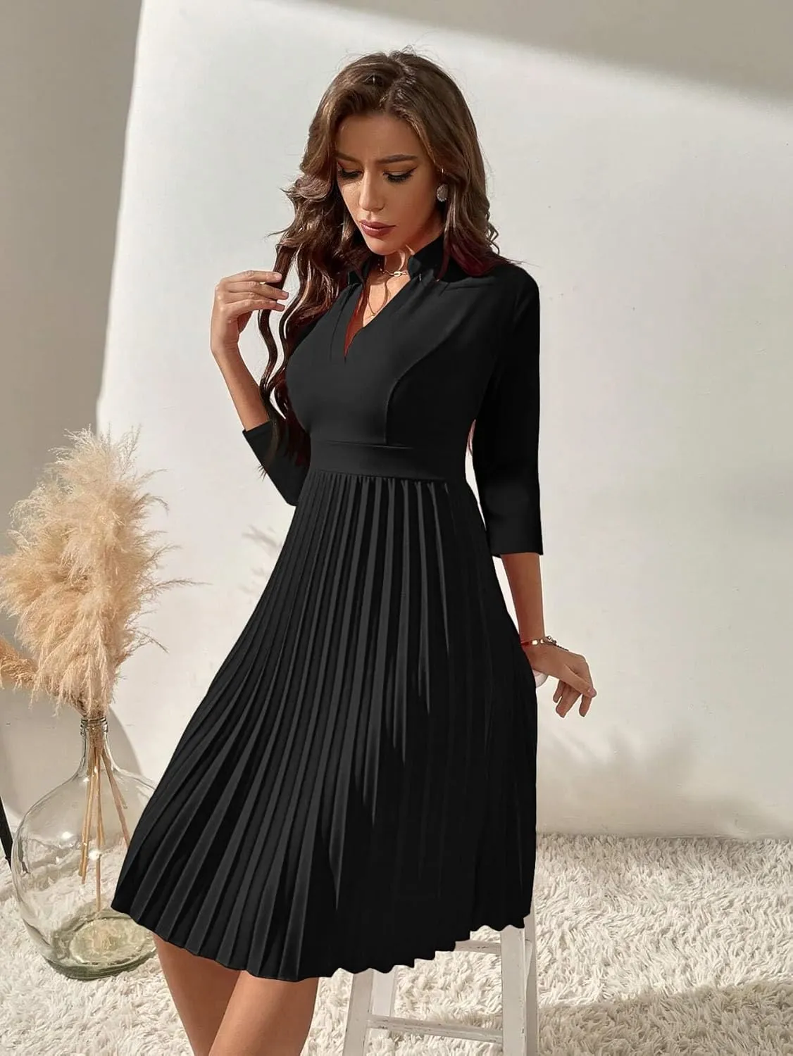 Nmoder Midi Dresses for Women Semi Formal Cocktail Pleated A-Line Casual V Neck 3/4 Sleeve Church Elegant Dress