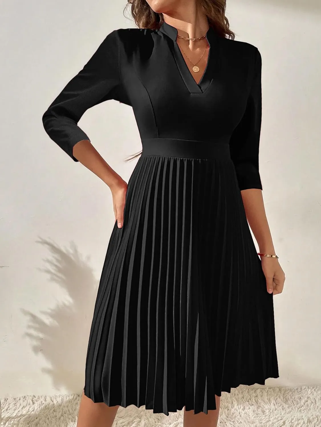 Nmoder Midi Dresses for Women Semi Formal Cocktail Pleated A-Line Casual V Neck 3/4 Sleeve Church Elegant Dress