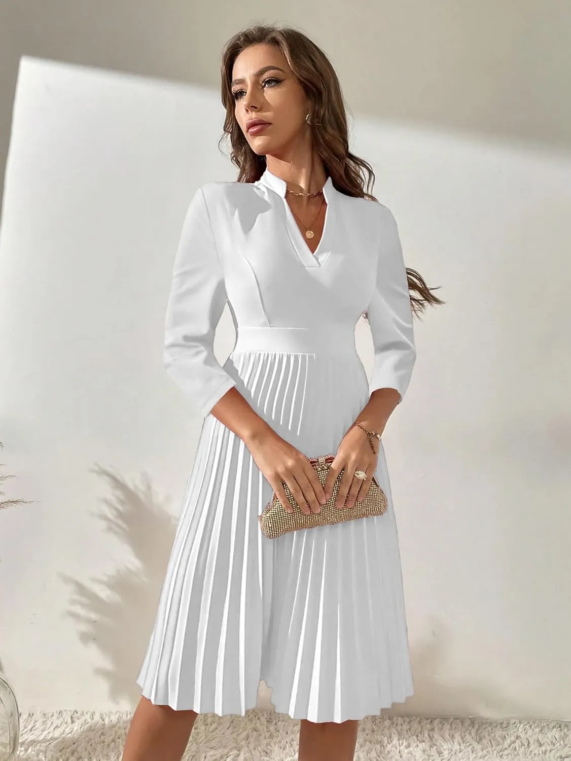 Nmoder Midi Dresses for Women Semi Formal Cocktail Pleated A-Line Casual V Neck 3/4 Sleeve Church Elegant Dress