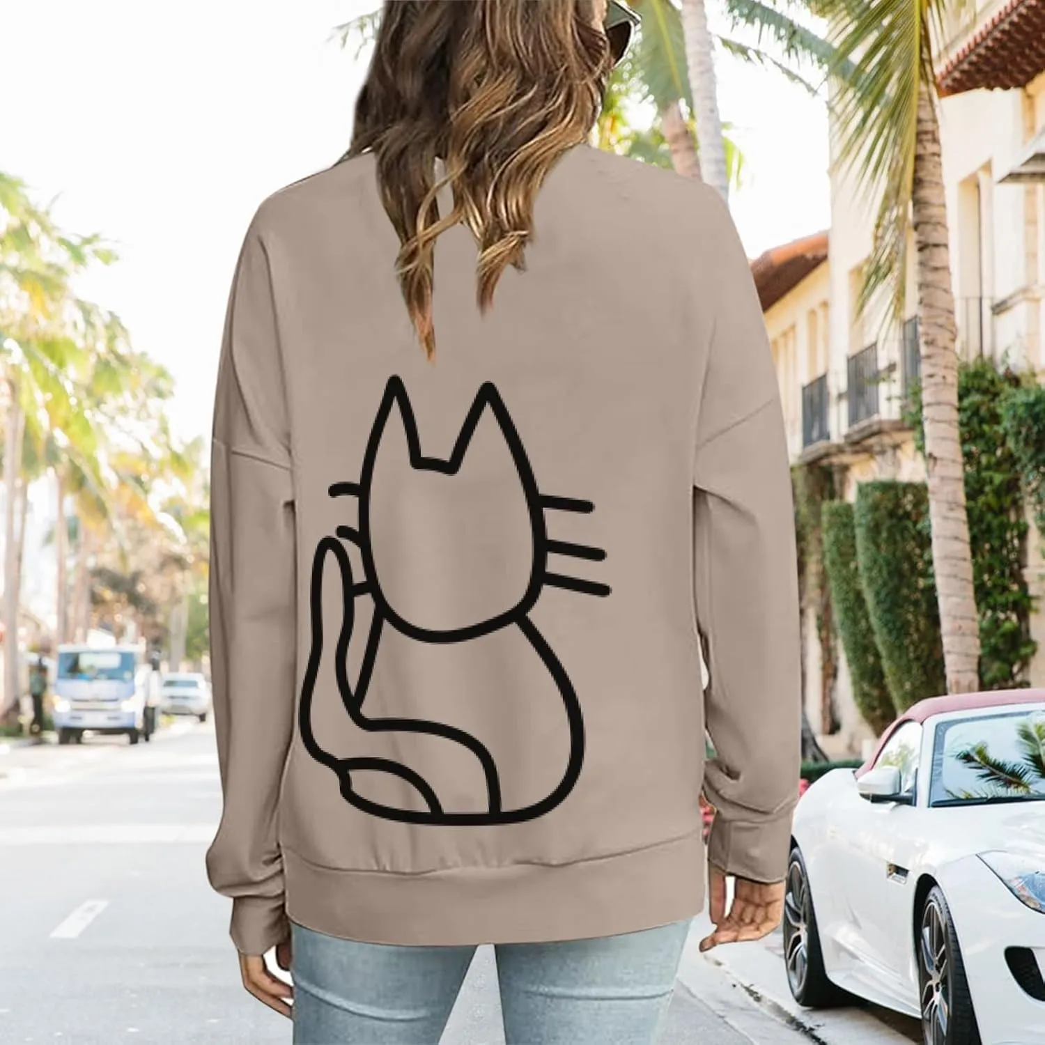 Oversized Sweatshirt for Women Cat Graphic Cute Sweatshirts Crewneck Casual Long Sleeve Shirts Pullover Top Tshirt