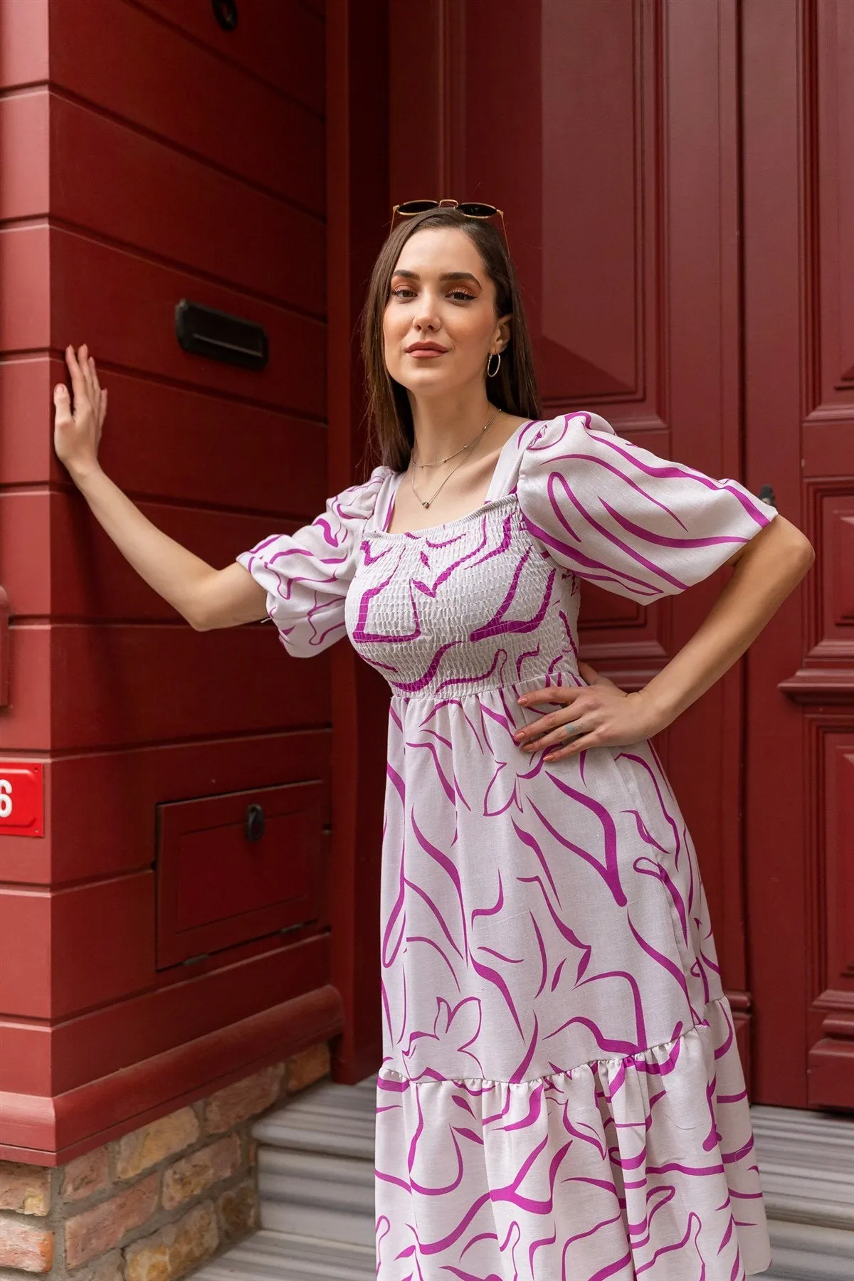 Pink and White Printed Midi Dress