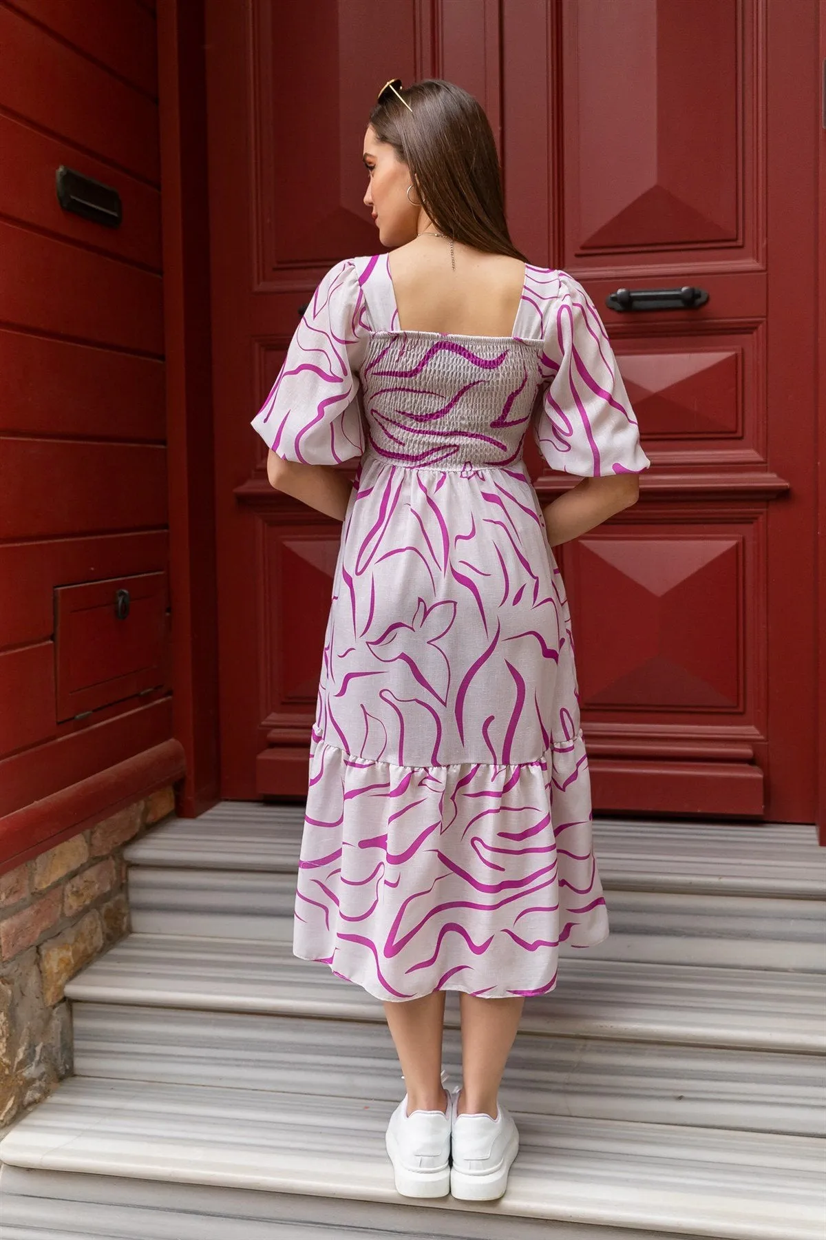 Pink and White Printed Midi Dress
