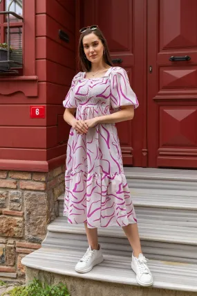 Pink and White Printed Midi Dress