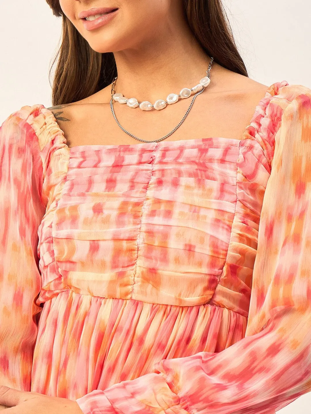 Pink Ethnic Motifs  Round Neck Maxi
