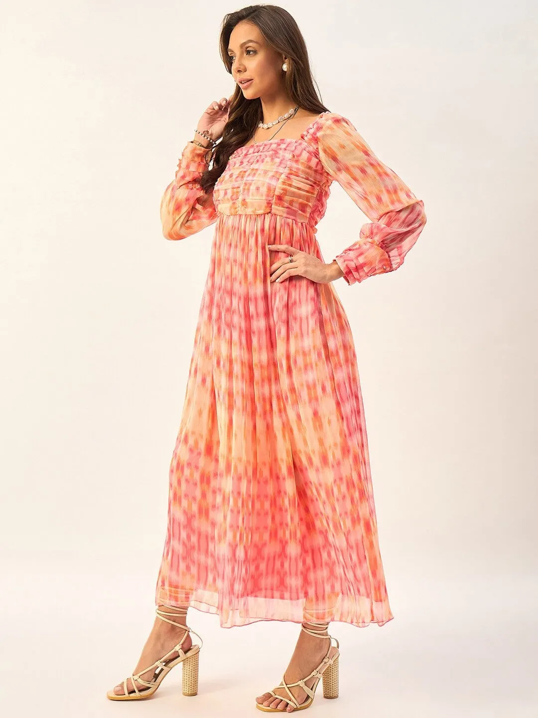 Pink Ethnic Motifs  Round Neck Maxi