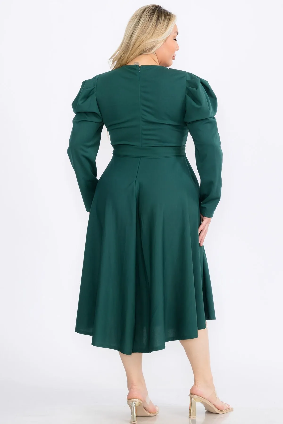 Plus Size Solid Smocked Cuff Raglan Sleeves Flare Midi Plated Dress With Belt