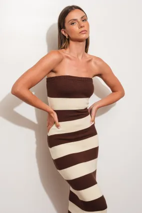 "Fall Out West" Striped Knit Strapless Maxi Dress