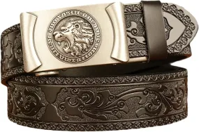 Ratchet Belt for Men-Sliding Automatic Animal Head Filigree Engraved Buckle Dress Belt Black Western Embossed Strap