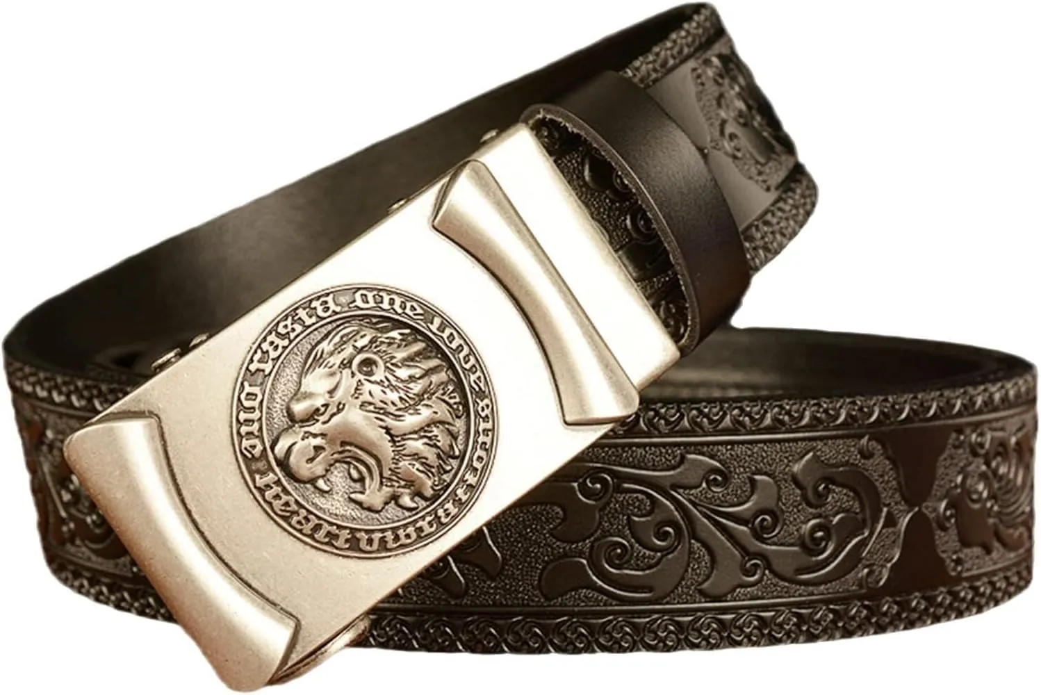 Ratchet Belt for Men-Sliding Automatic Animal Head Filigree Engraved Buckle Dress Belt Black Western Embossed Strap