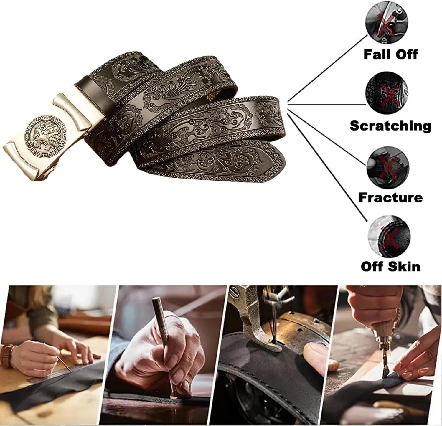 Ratchet Belt for Men-Sliding Automatic Animal Head Filigree Engraved Buckle Dress Belt Black Western Embossed Strap