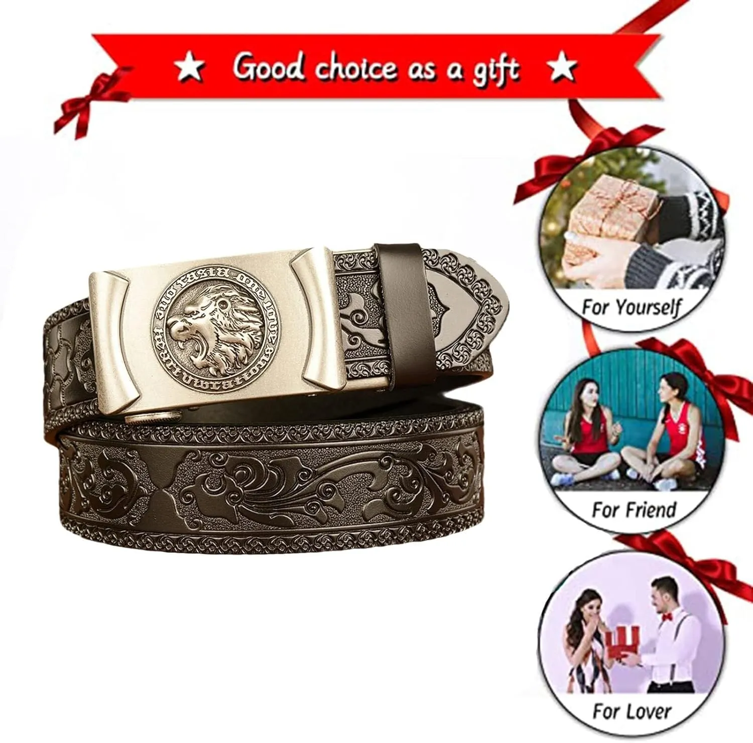 Ratchet Belt for Men-Sliding Automatic Animal Head Filigree Engraved Buckle Dress Belt Black Western Embossed Strap