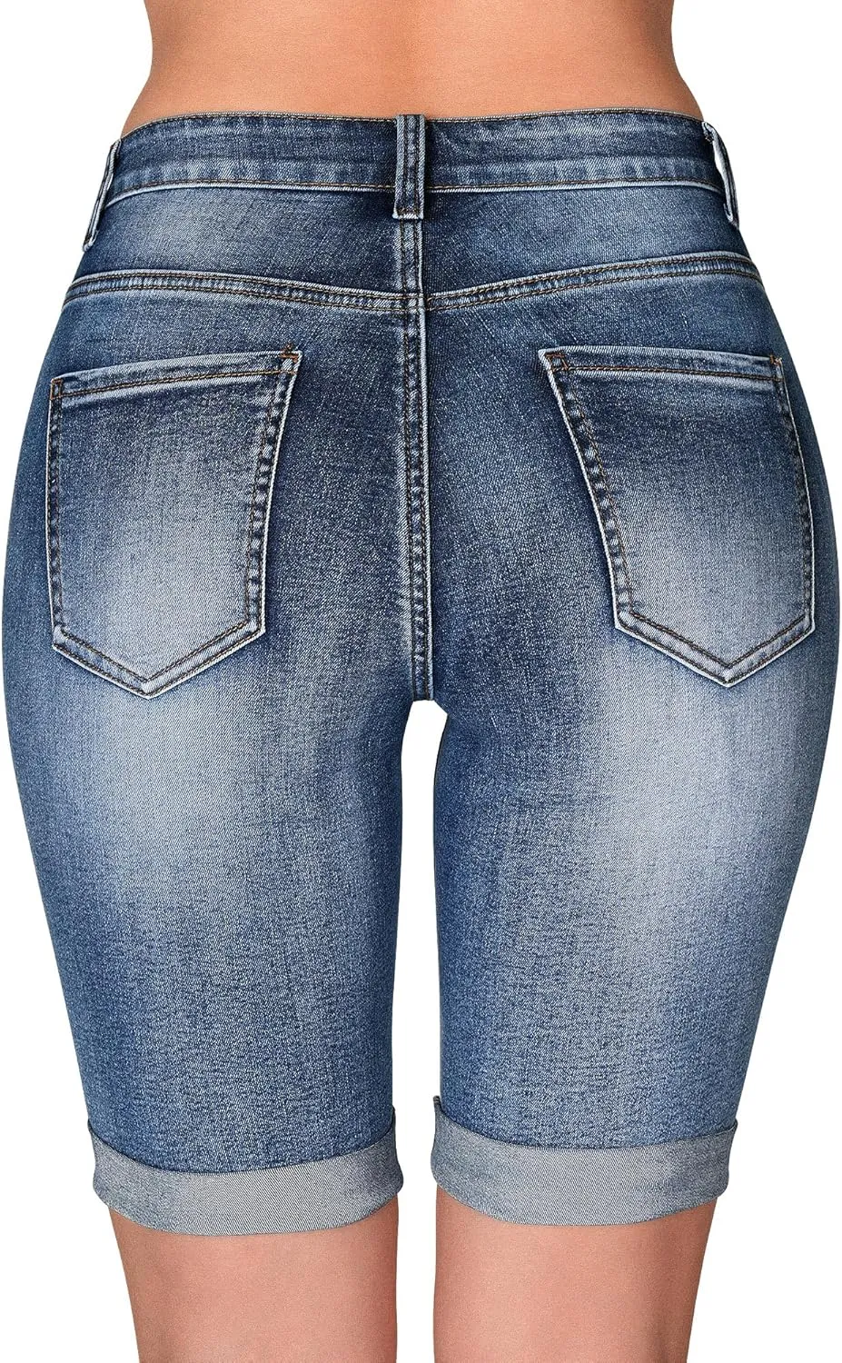 roswear Women's Distressed Knee Length Ripped Stretchy Jean Shorts
