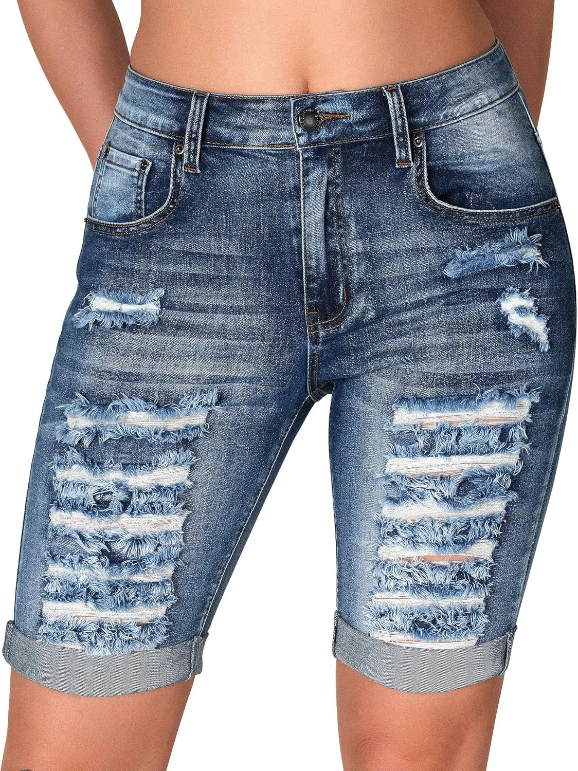 roswear Women's Distressed Knee Length Ripped Stretchy Jean Shorts