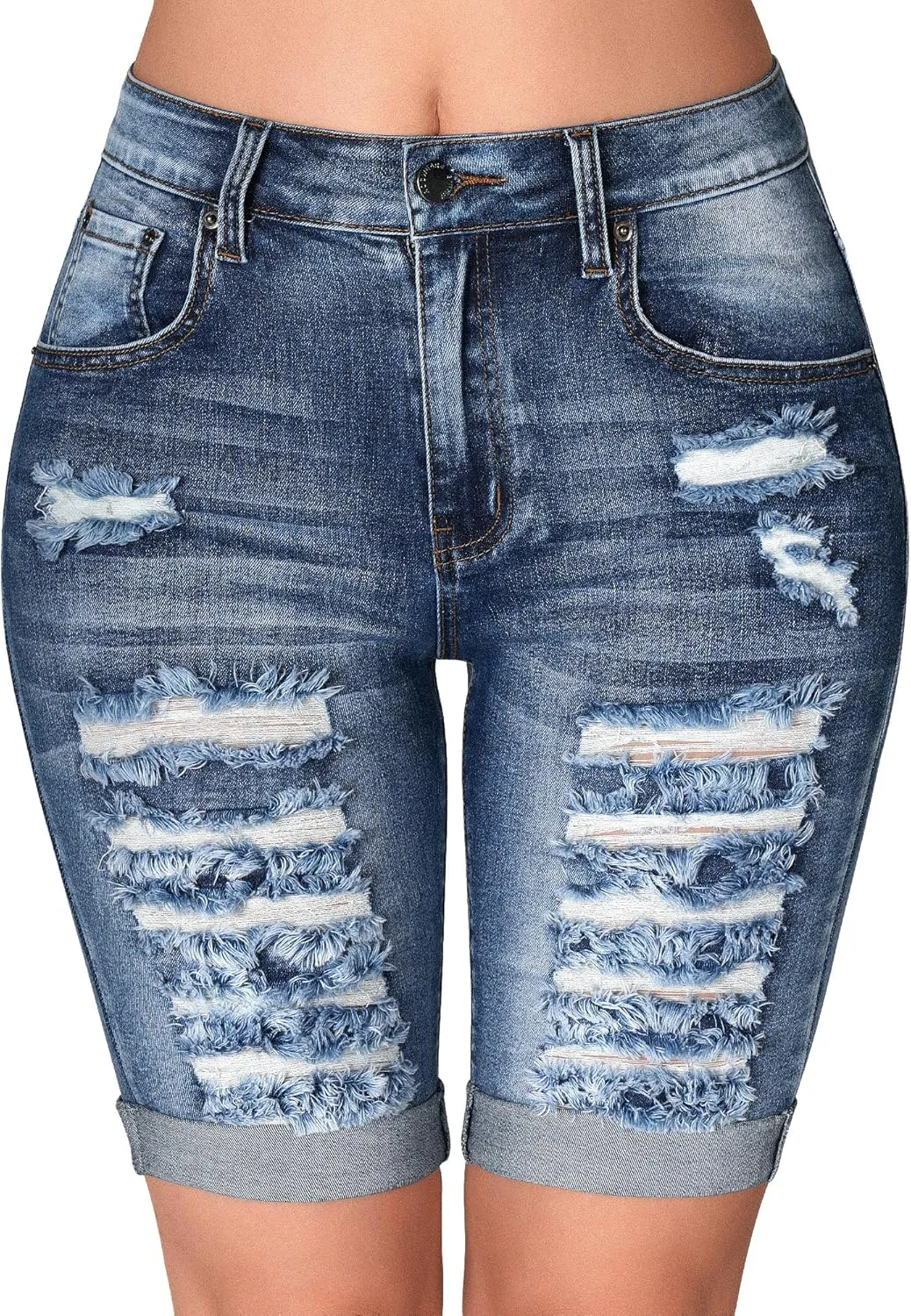 roswear Women's Distressed Knee Length Ripped Stretchy Jean Shorts