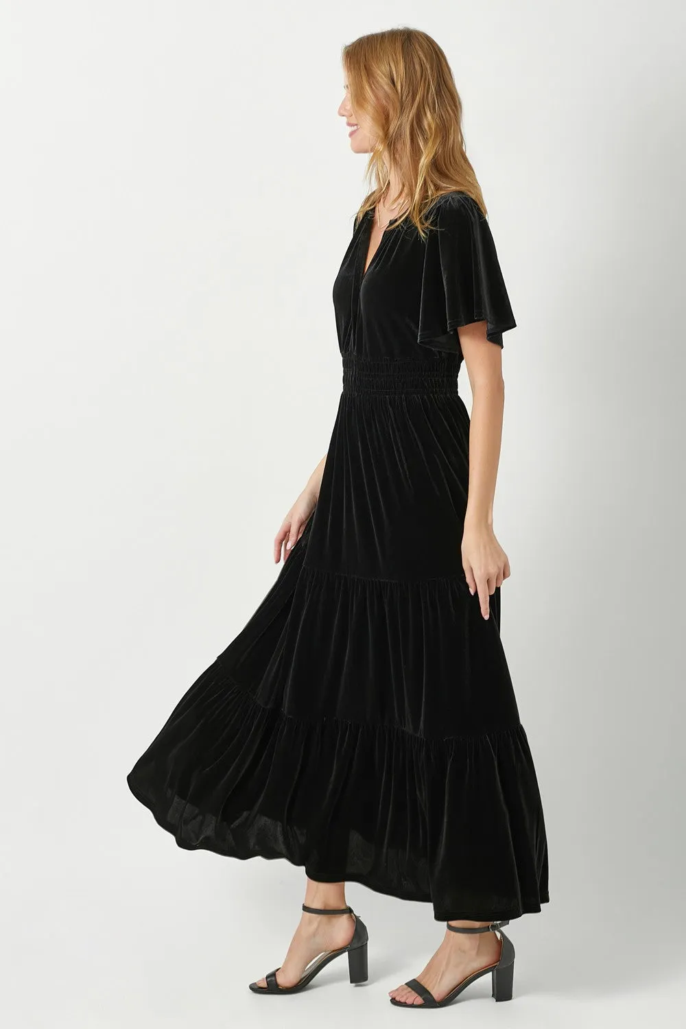 Ruffle Sleeve Velvet Maxi
