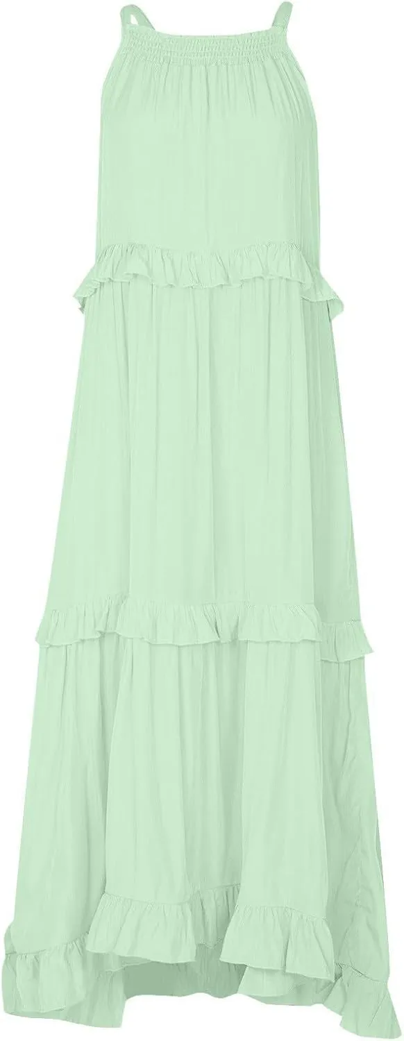 Smocked Dress for Women Summer Sleeveless Tank Dresses Halter Tie Back Loose Flowy Ruffle Tiered Maxi Dress