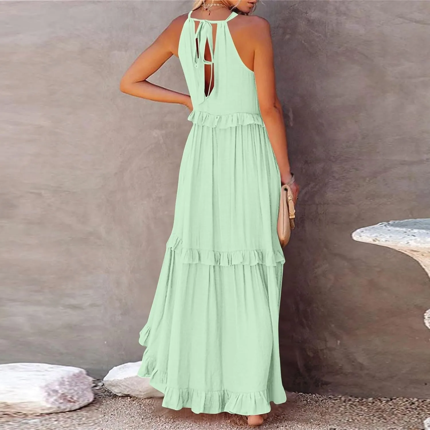 Smocked Dress for Women Summer Sleeveless Tank Dresses Halter Tie Back Loose Flowy Ruffle Tiered Maxi Dress