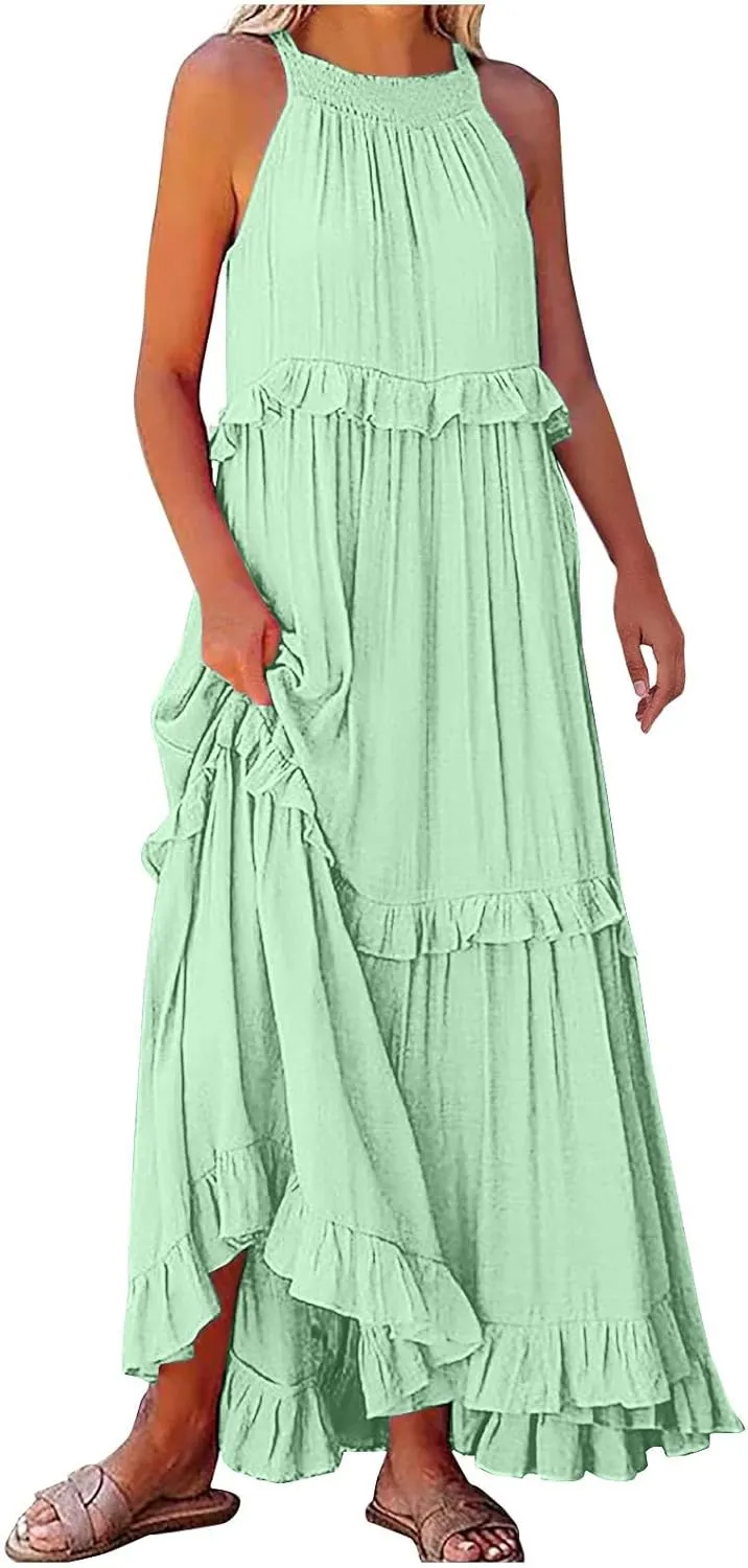 Smocked Dress for Women Summer Sleeveless Tank Dresses Halter Tie Back Loose Flowy Ruffle Tiered Maxi Dress