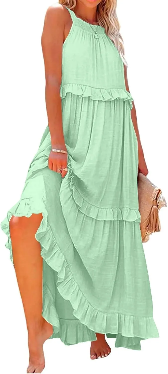 Smocked Dress for Women Summer Sleeveless Tank Dresses Halter Tie Back Loose Flowy Ruffle Tiered Maxi Dress
