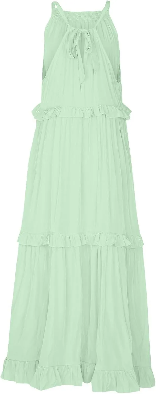 Smocked Dress for Women Summer Sleeveless Tank Dresses Halter Tie Back Loose Flowy Ruffle Tiered Maxi Dress