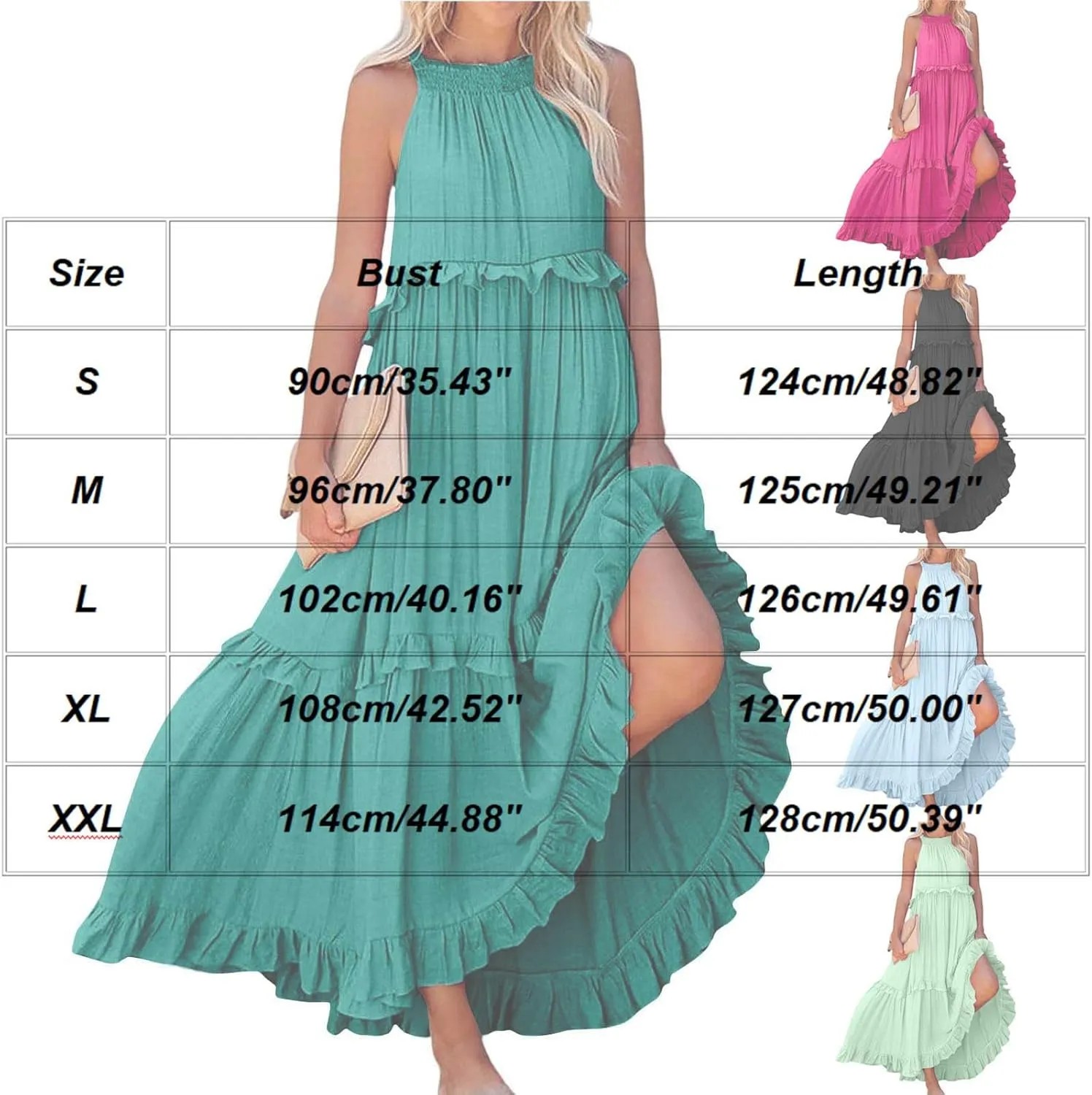 Smocked Dress for Women Summer Sleeveless Tank Dresses Halter Tie Back Loose Flowy Ruffle Tiered Maxi Dress